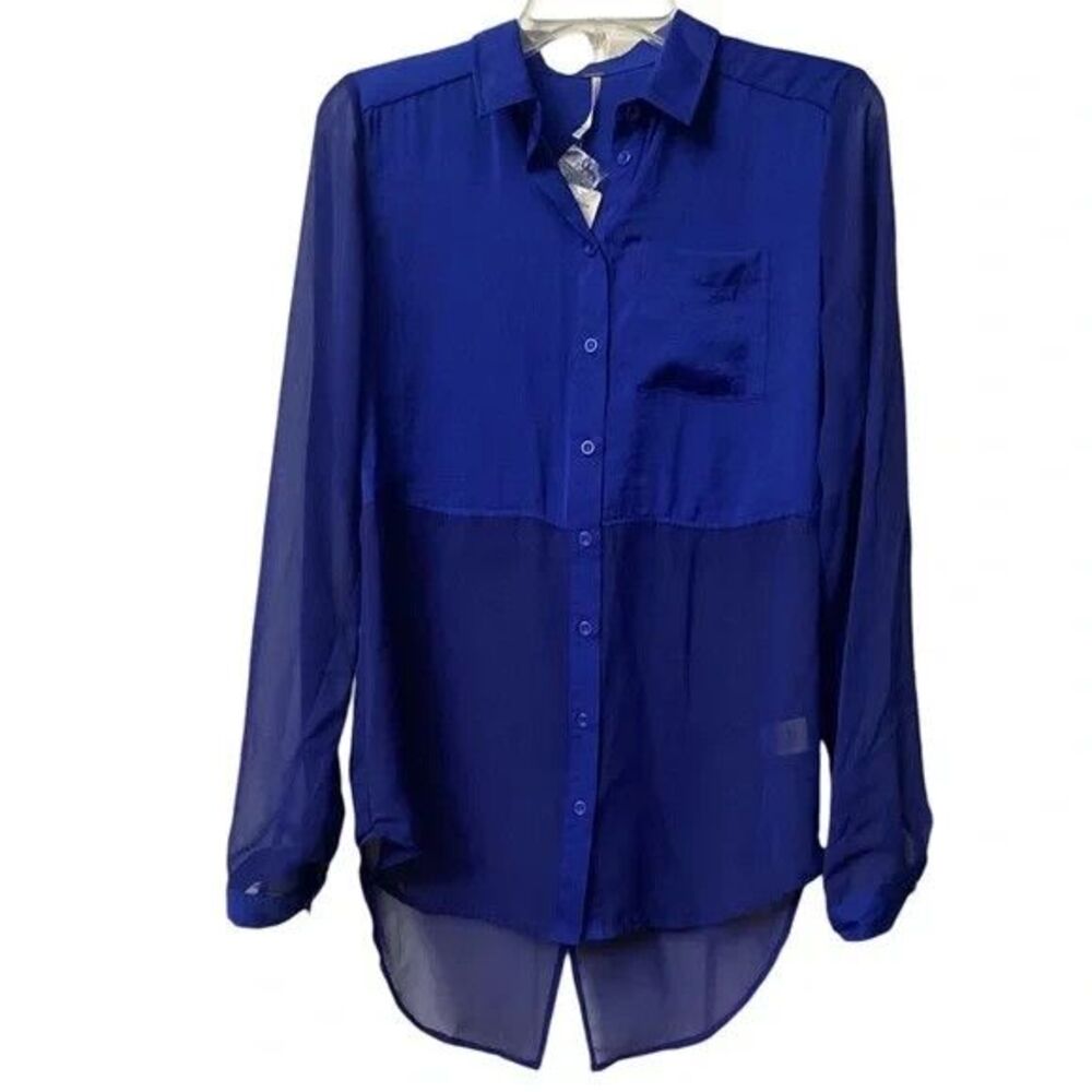 Free People Electric Blue Shirt sheer bottom Button Down Blouse Sz M sexy Top